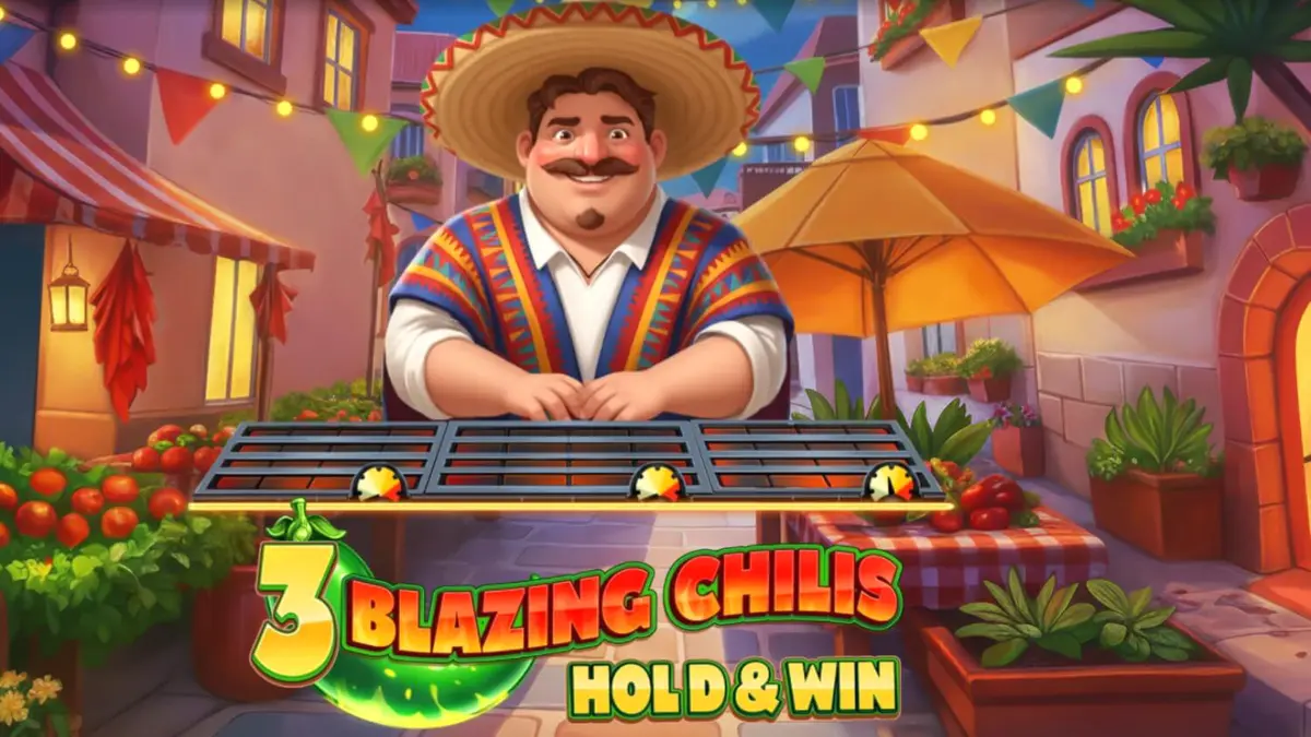 Tampilan visual slot 3 Blazing Chilis dengan tema pesta Meksiko dan fitur Hold & Win.